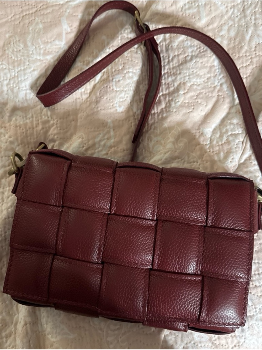 Woven Leather Crossbody Bag in Burgundy